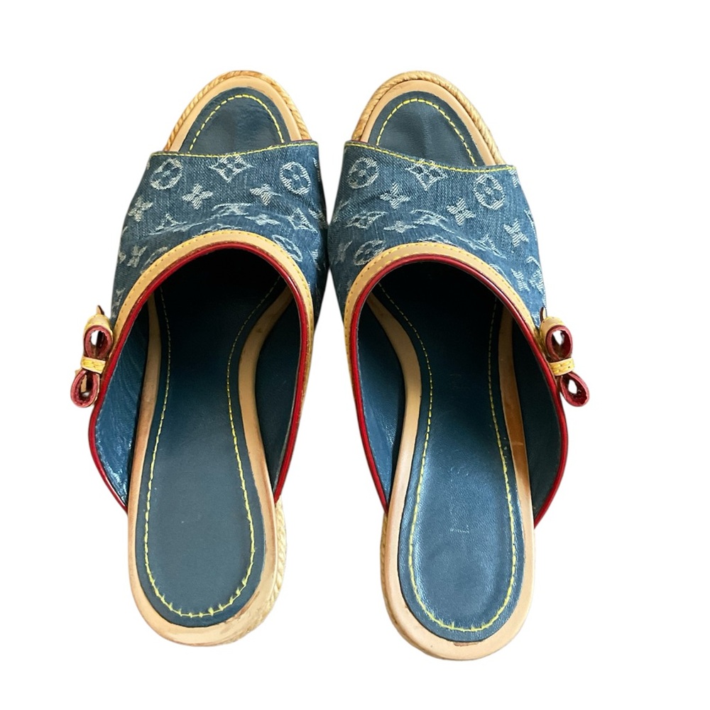 Louis Vuitton Denim Mules/Wedge Sandals with Red Trim